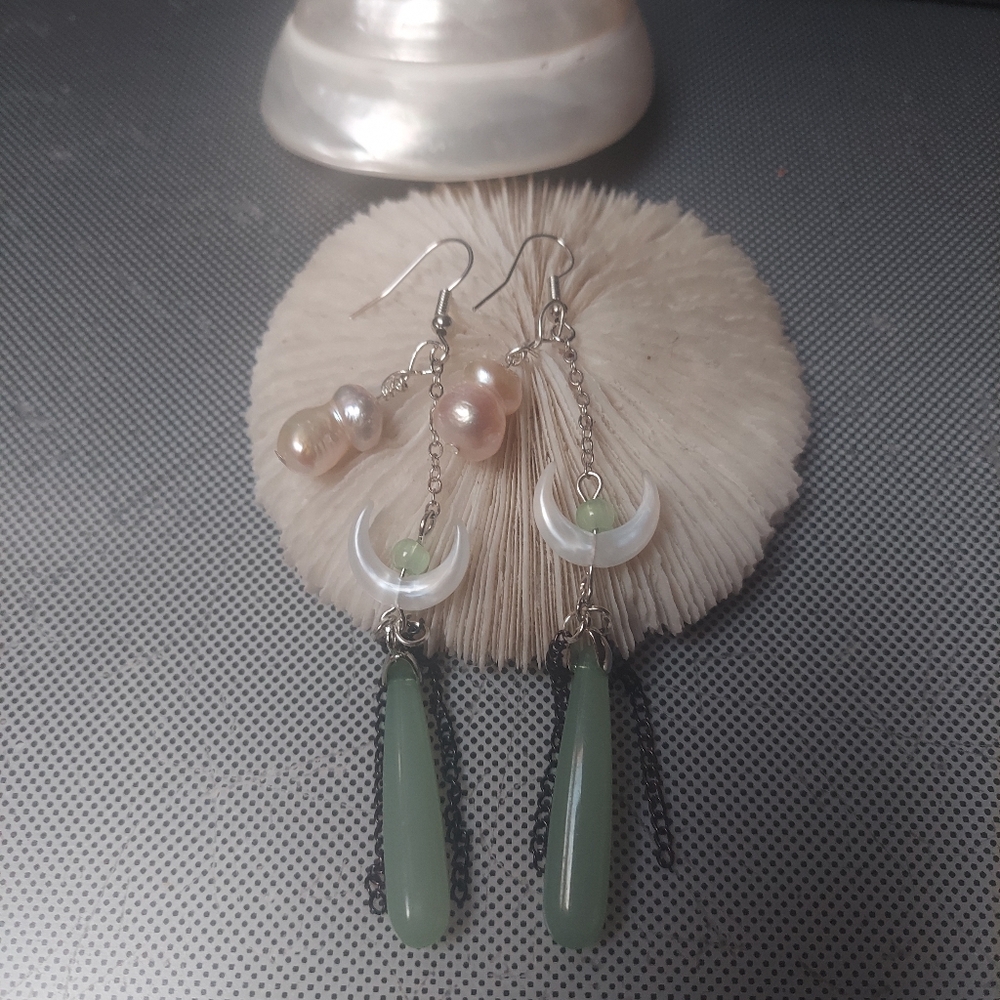 Pearl Moonglow Jade Drop Chain earrings designed for Our Moonglow girls